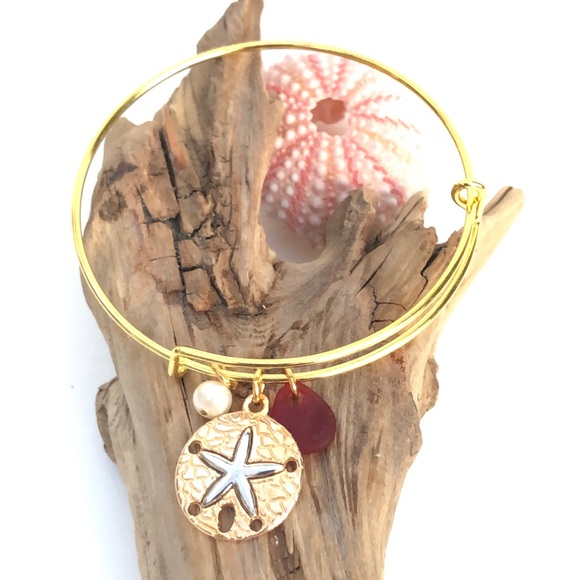 Artisan Jewelry - Adjustable Genuine Red Sea Glass Bangle Bracelet